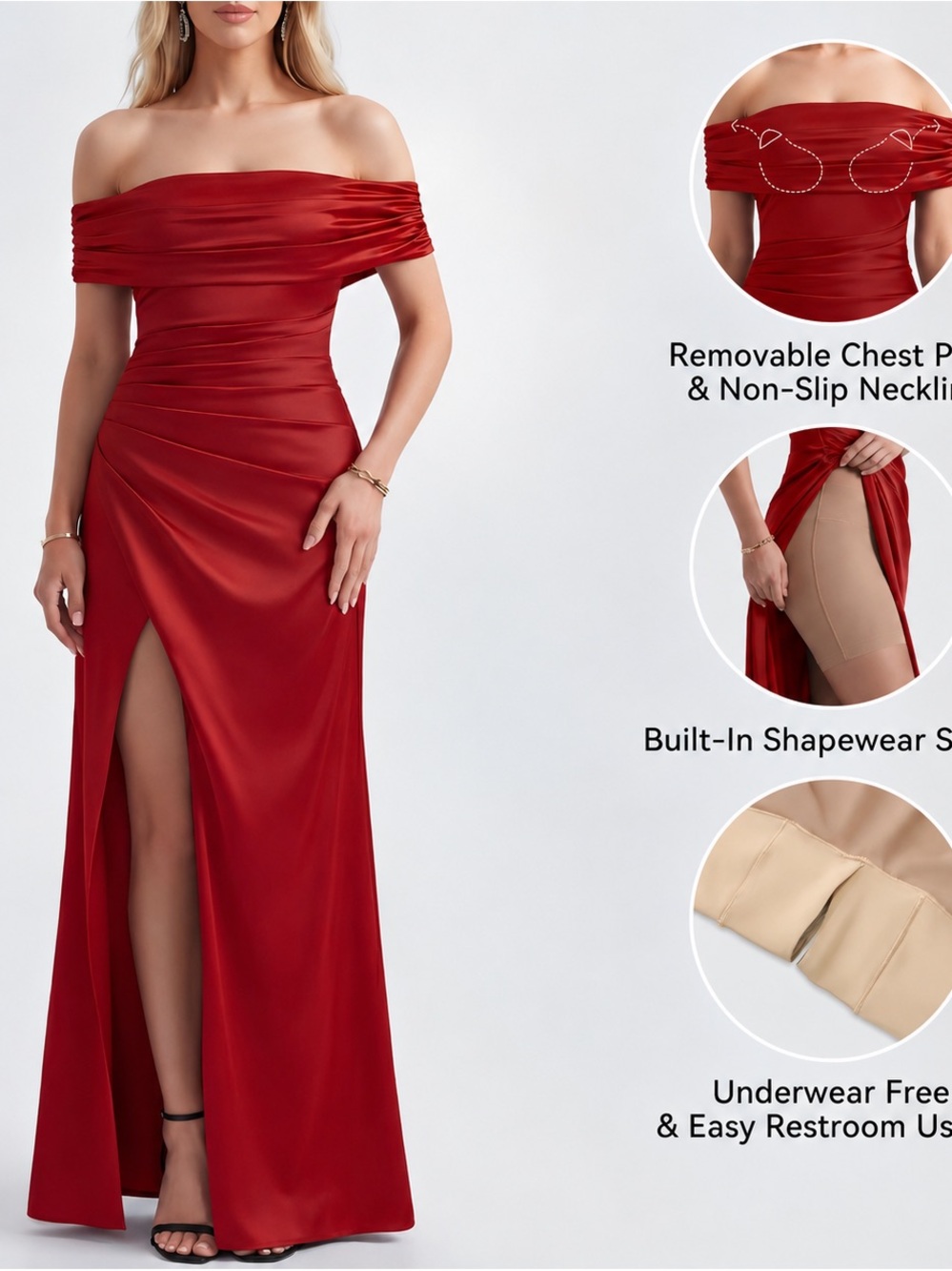 OQQ Red Off Shoulder Satin Maxi Dress Built In Shapewear Small